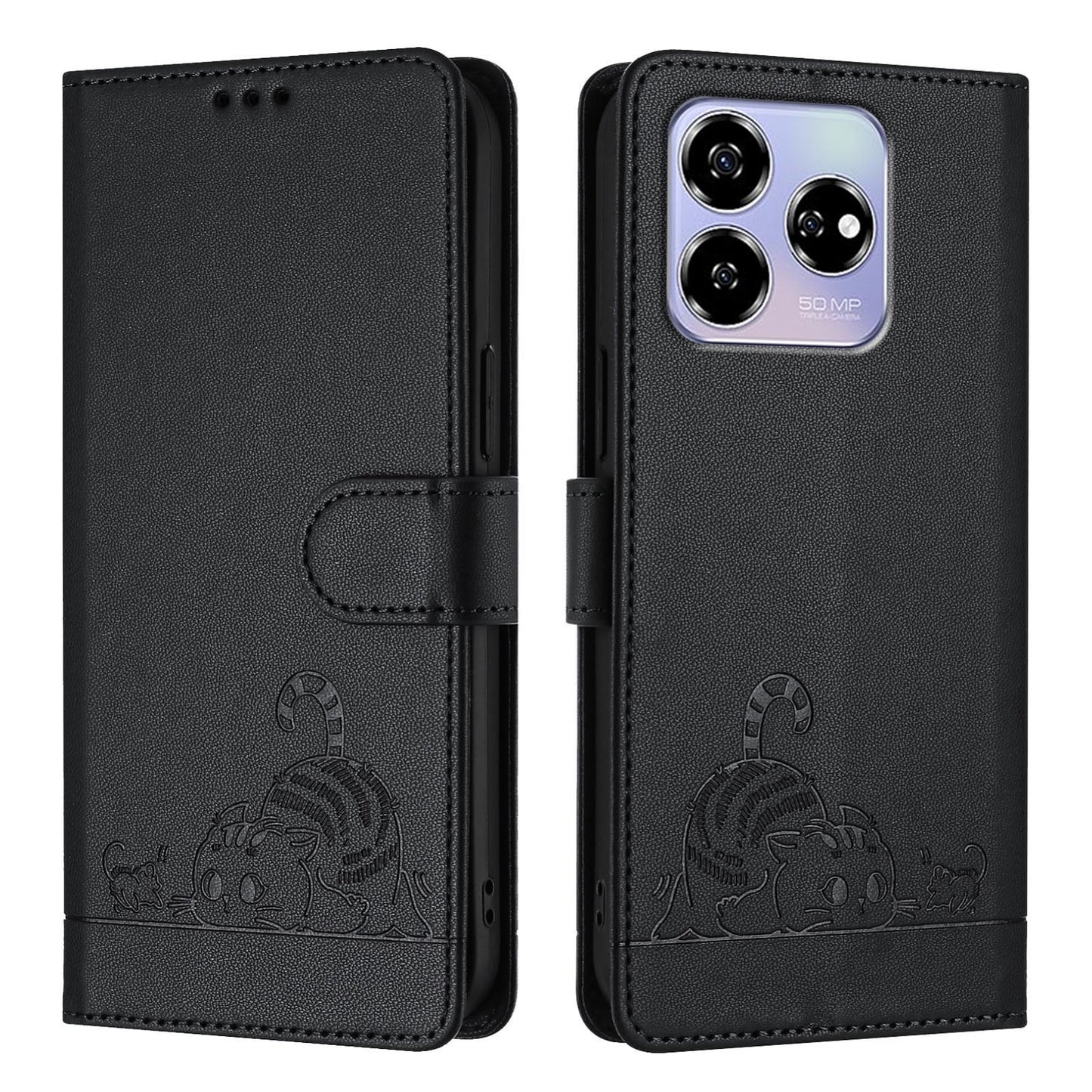 ZTE Blade V60 Cat and Rat Embossed Pattern, RFID Leather Phone Case with Lanyard, Kickstand, and Wallet Features