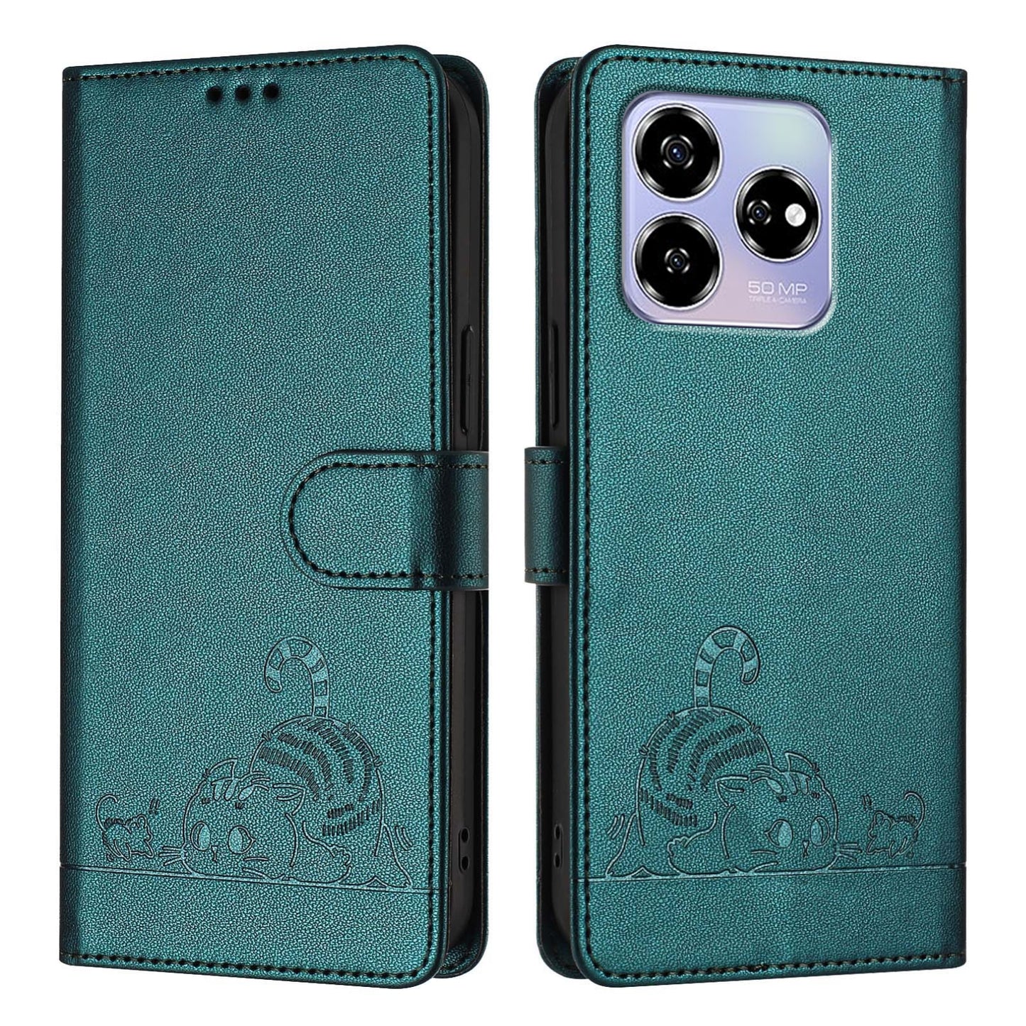 ZTE Blade V60 Cat and Rat Embossed Pattern, RFID Leather Phone Case with Lanyard, Kickstand, and Wallet Features