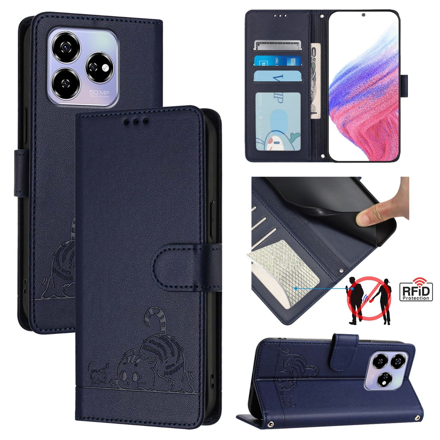 ZTE Blade V60 Cat and Rat Embossed Pattern, RFID Leather Phone Case with Lanyard, Kickstand, and Wallet Features