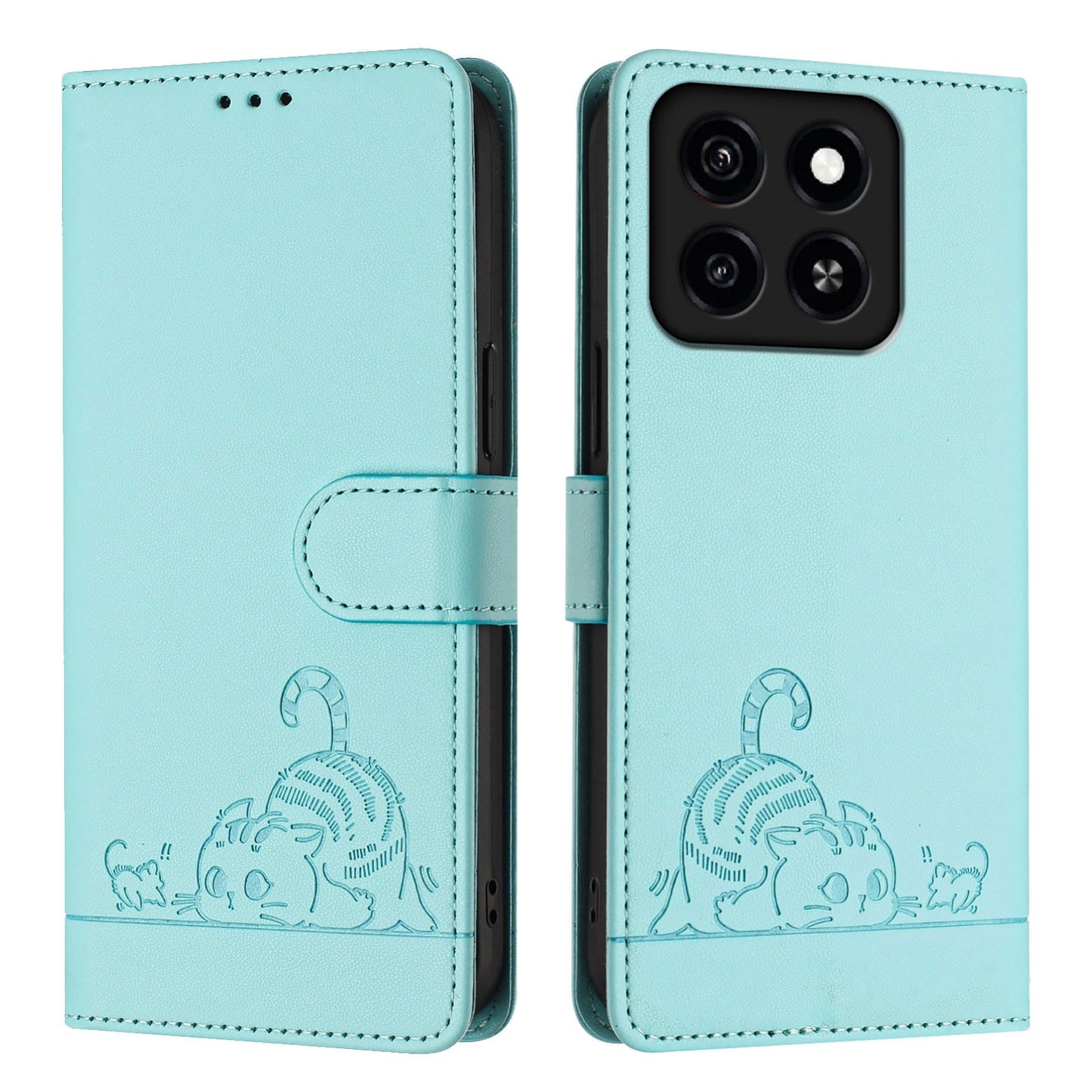 ZTE Blade A35 Cat and Rat Embossed Pattern, RFID Leather Phone Case with Lanyard, Kickstand, and Wallet Features