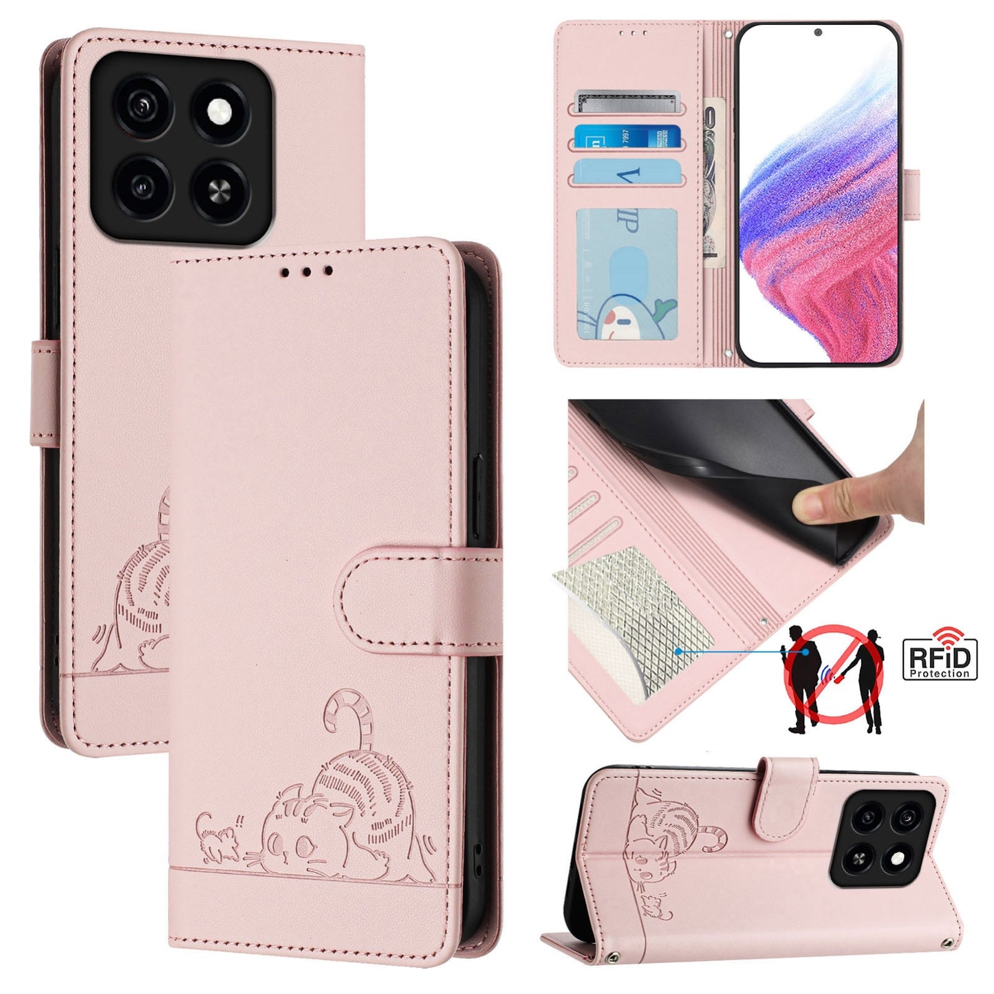 ZTE Blade A35 Cat and Rat Embossed Pattern, RFID Leather Phone Case with Lanyard, Kickstand, and Wallet Features