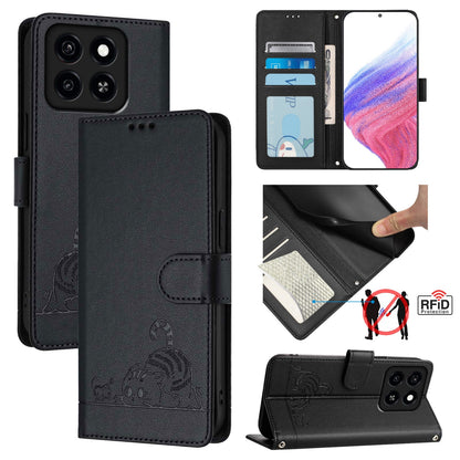 ZTE Blade A55 Cat and Rat Embossed Pattern, RFID Leather Phone Case with Lanyard, Kickstand, and Wallet Features