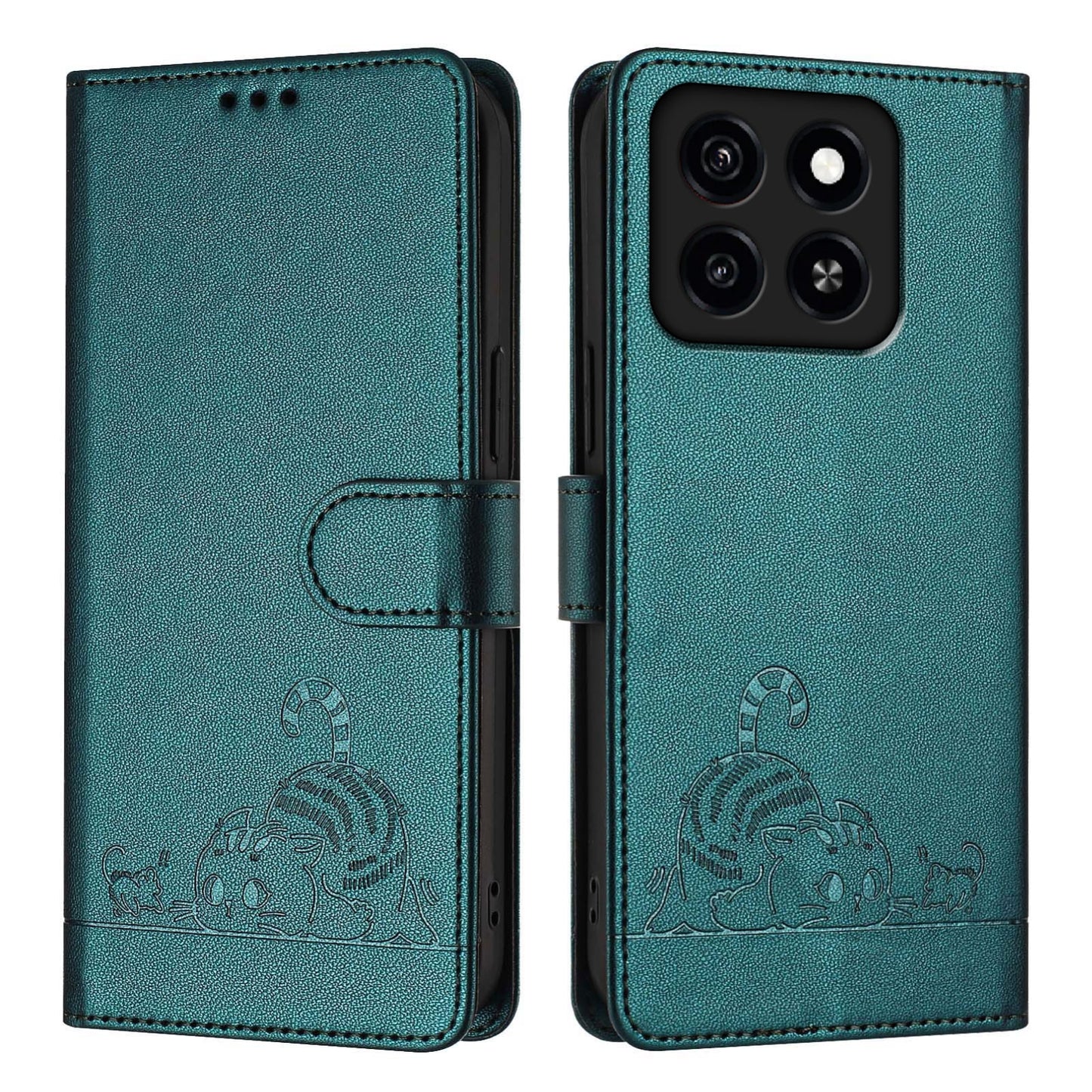 ZTE Blade A35 Cat and Rat Embossed Pattern, RFID Leather Phone Case with Lanyard, Kickstand, and Wallet Features