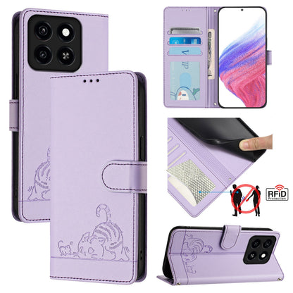 ZTE Blade A35 Cat and Rat Embossed Pattern, RFID Leather Phone Case with Lanyard, Kickstand, and Wallet Features