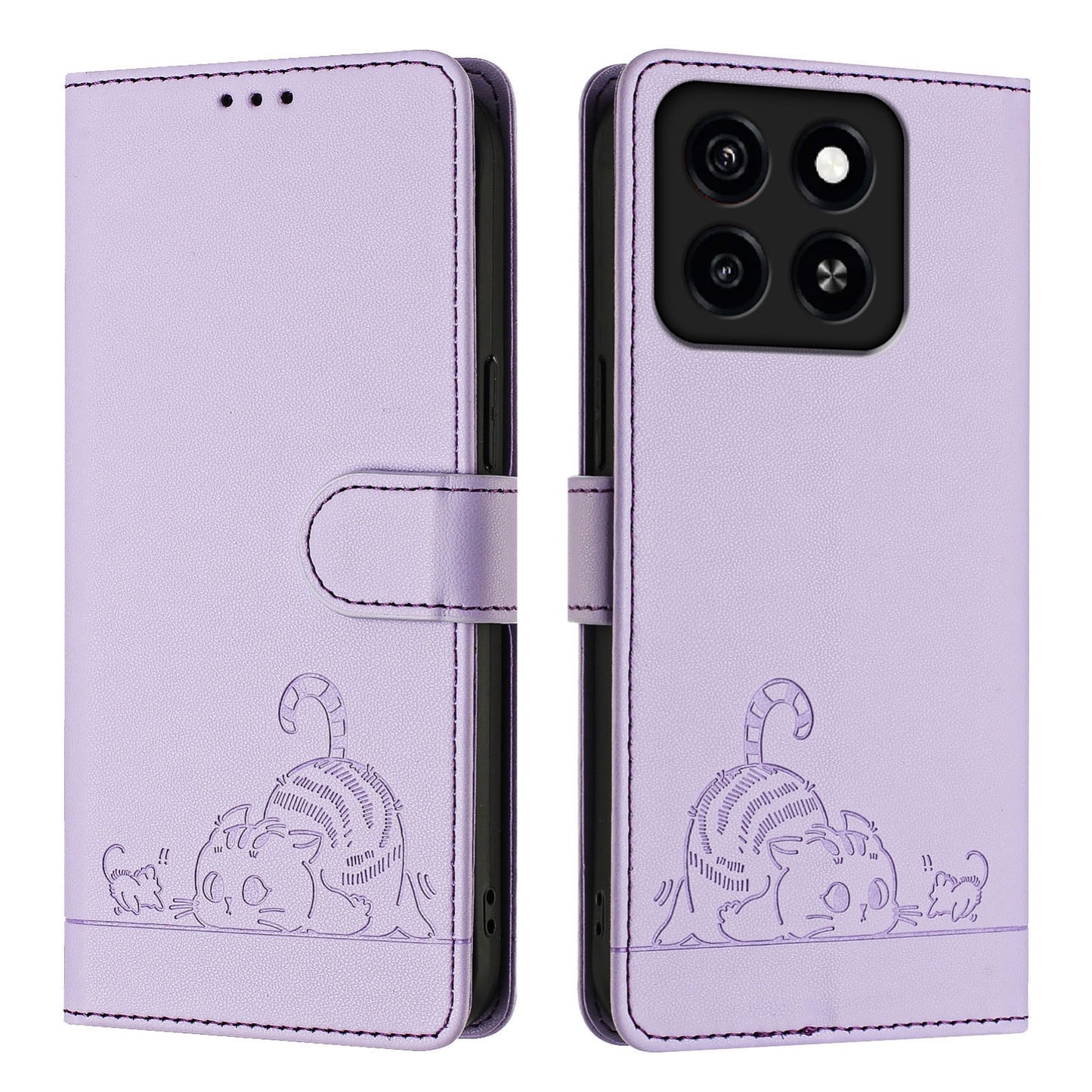 ZTE Blade A55 Cat and Rat Embossed Pattern, RFID Leather Phone Case with Lanyard, Kickstand, and Wallet Features