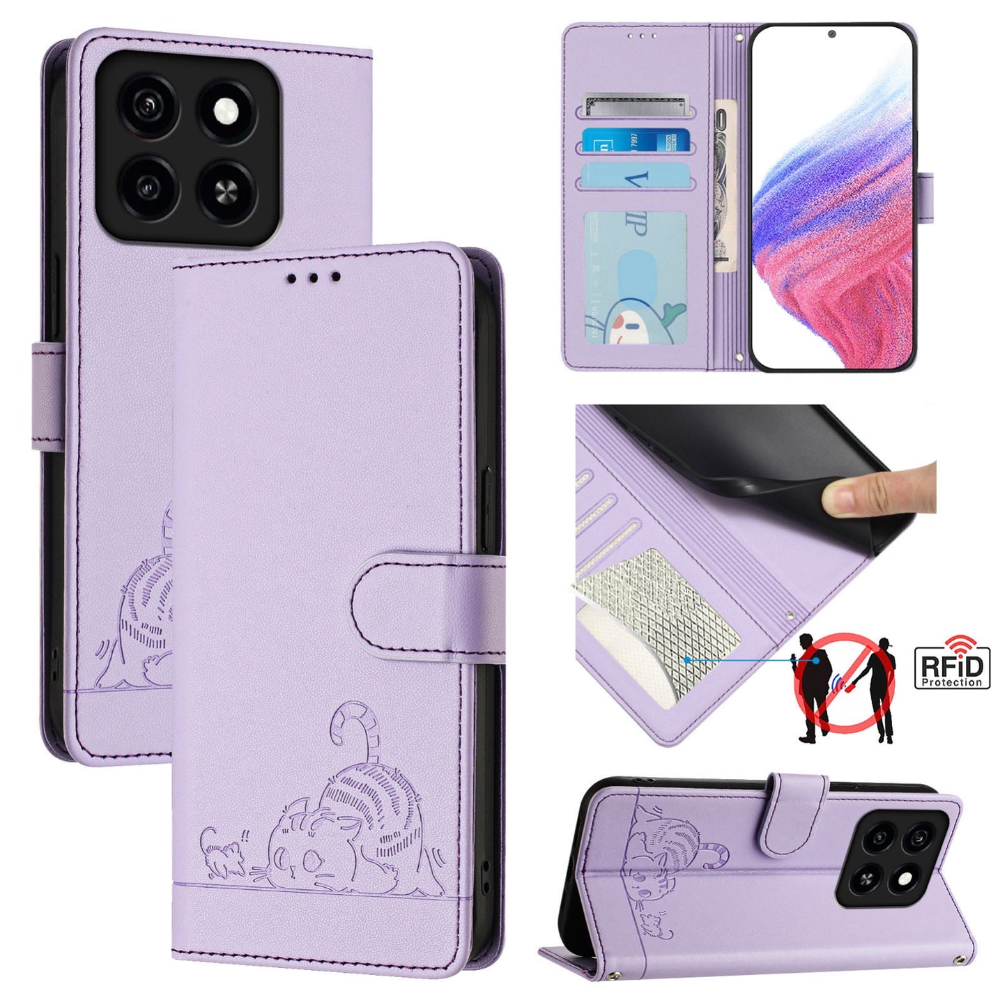 ZTE Blade A55 Cat and Rat Embossed Pattern, RFID Leather Phone Case with Lanyard, Kickstand, and Wallet Features