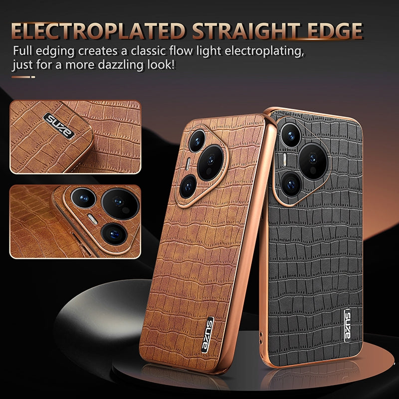 Huawei Pura 70 Luxury Case - Electroplated Frame, Crocodile Texture Leather, Full Coverage Protection, Anti-Fingerprint & Shockproof