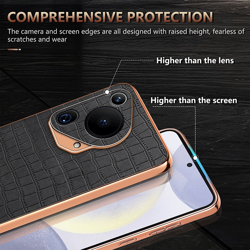 Huawei Pura 70 Ultra Luxury Case - Electroplated Frame, Crocodile Texture Leather, Full Coverage Protection, Anti-Fingerprint & Shockproof