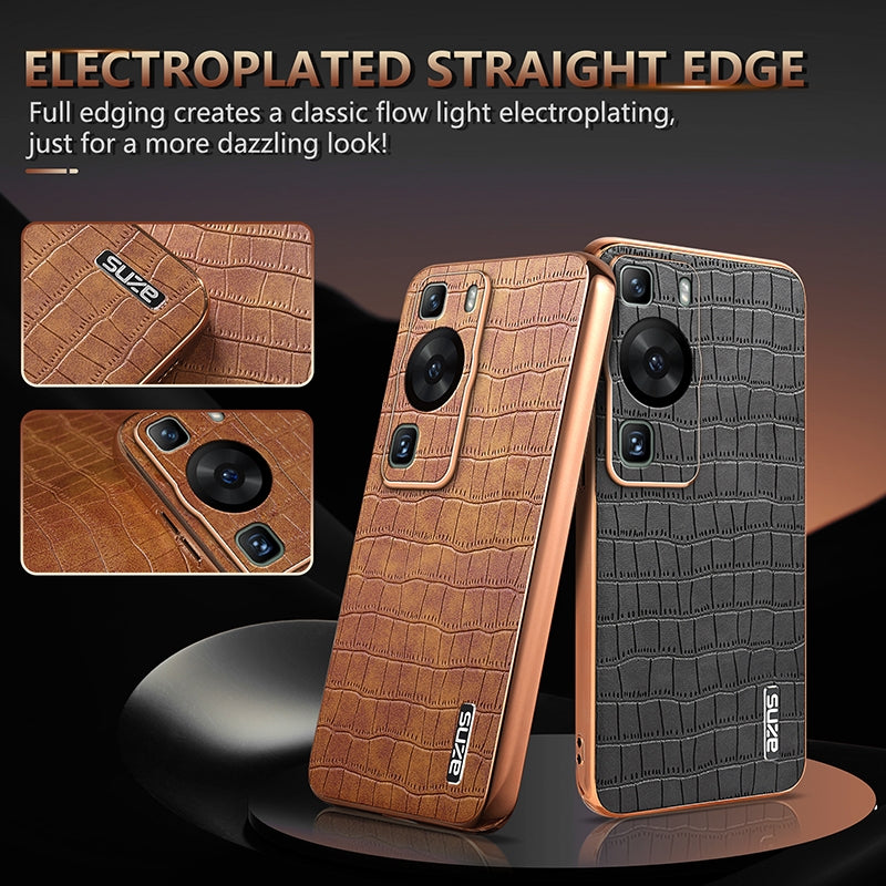 Huawei P60/P60 Pro Luxury Case - Electroplated Frame, Crocodile Texture Leather, Full Coverage Protection, Anti-Fingerprint & Shockproof