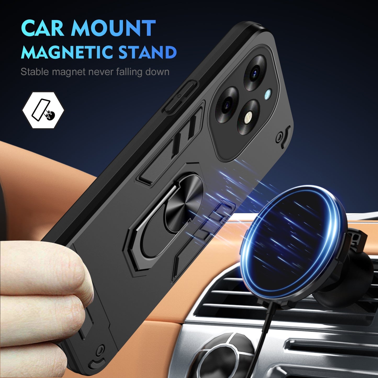 Shockproof Itel S23+ Phone Case with 360° Rotatable Metal Ring Holder, Magnetic Car Mount Stand, Ultra-Thin PC & Silicone Protection Cover