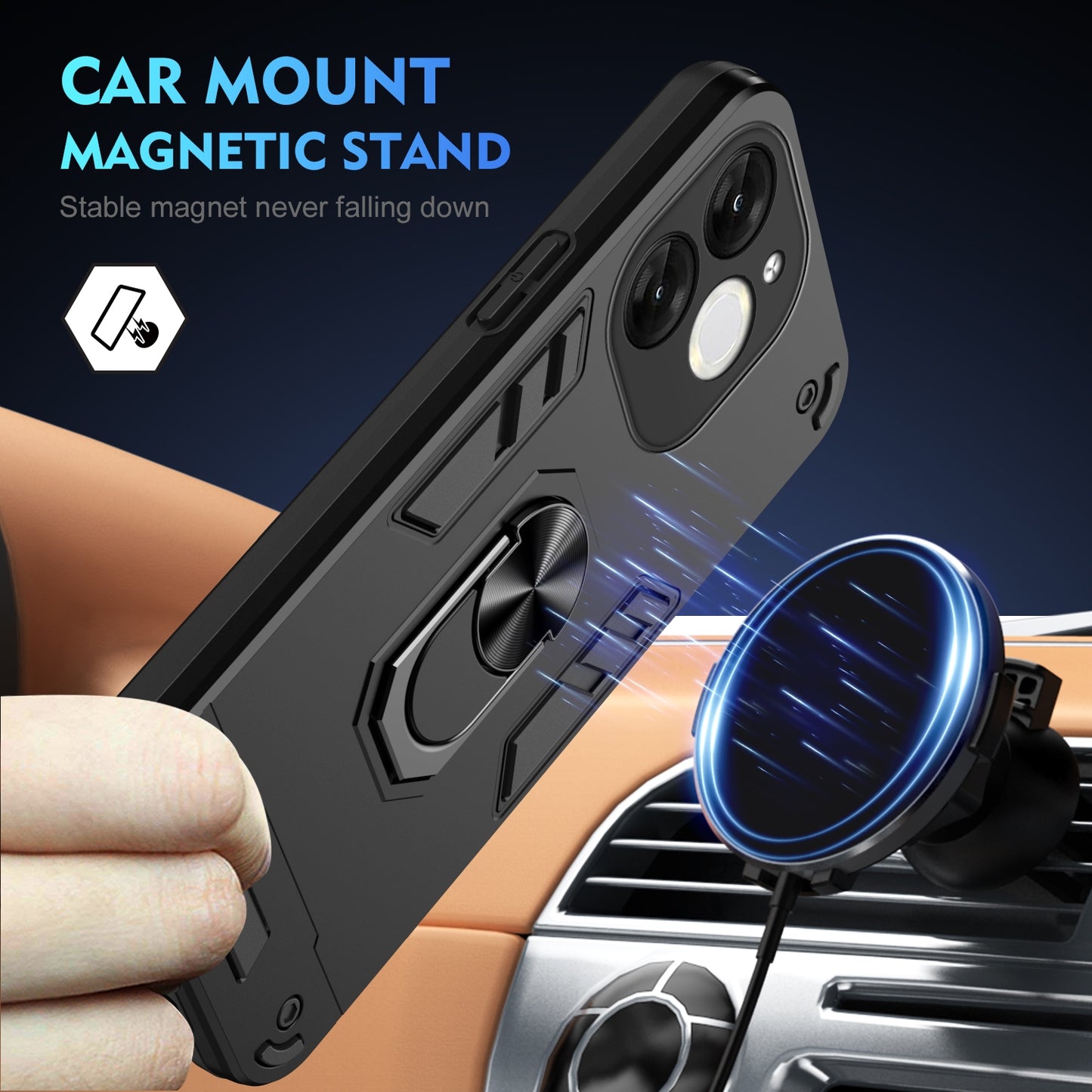 Shockproof Itel A80 Phone Case with 360° Rotatable Metal Ring Holder, Magnetic Car Mount Stand, Ultra-Thin PC & Silicone Protection Cover