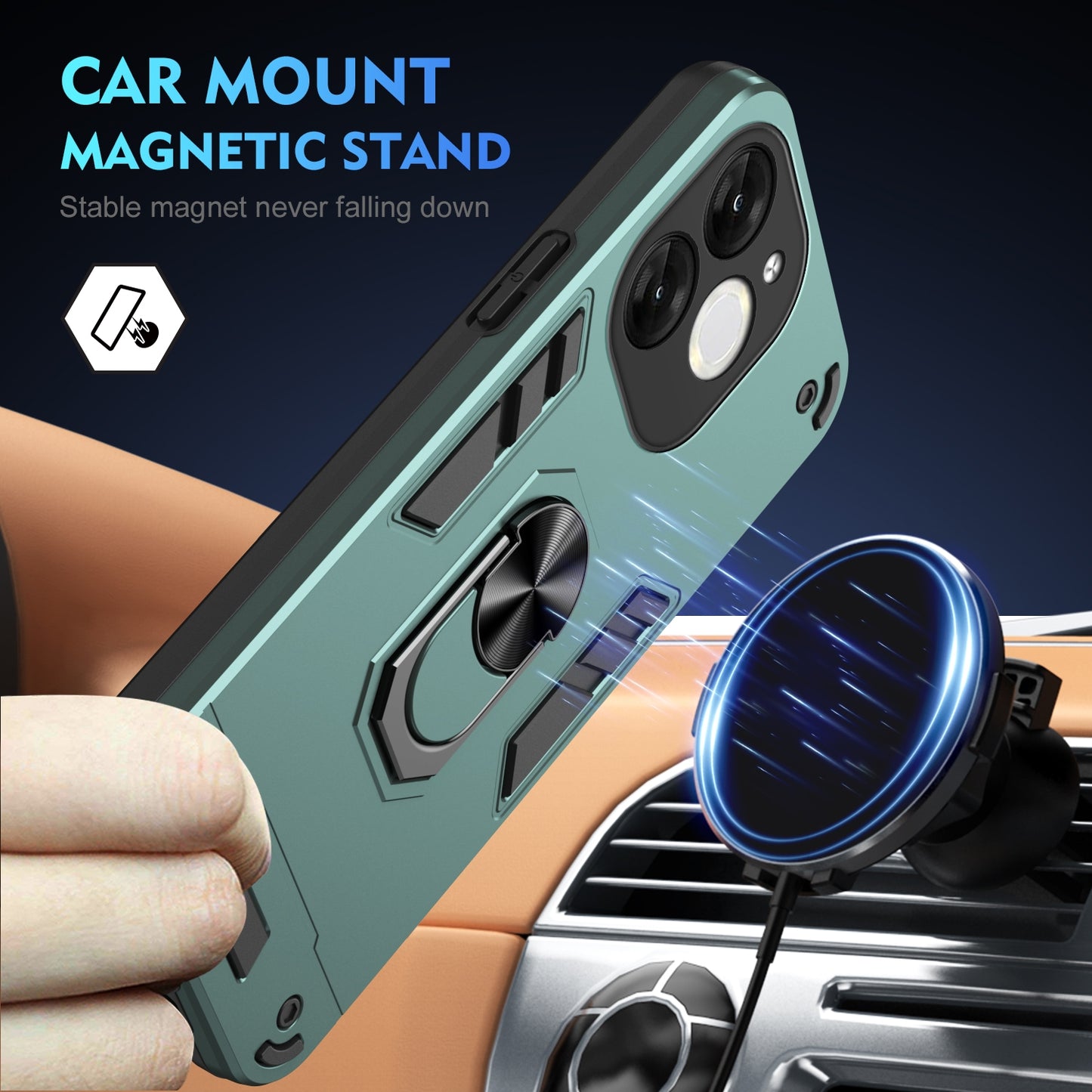 Shockproof Itel A80 Phone Case with 360° Rotatable Metal Ring Holder, Magnetic Car Mount Stand, Ultra-Thin PC & Silicone Protection Cover
