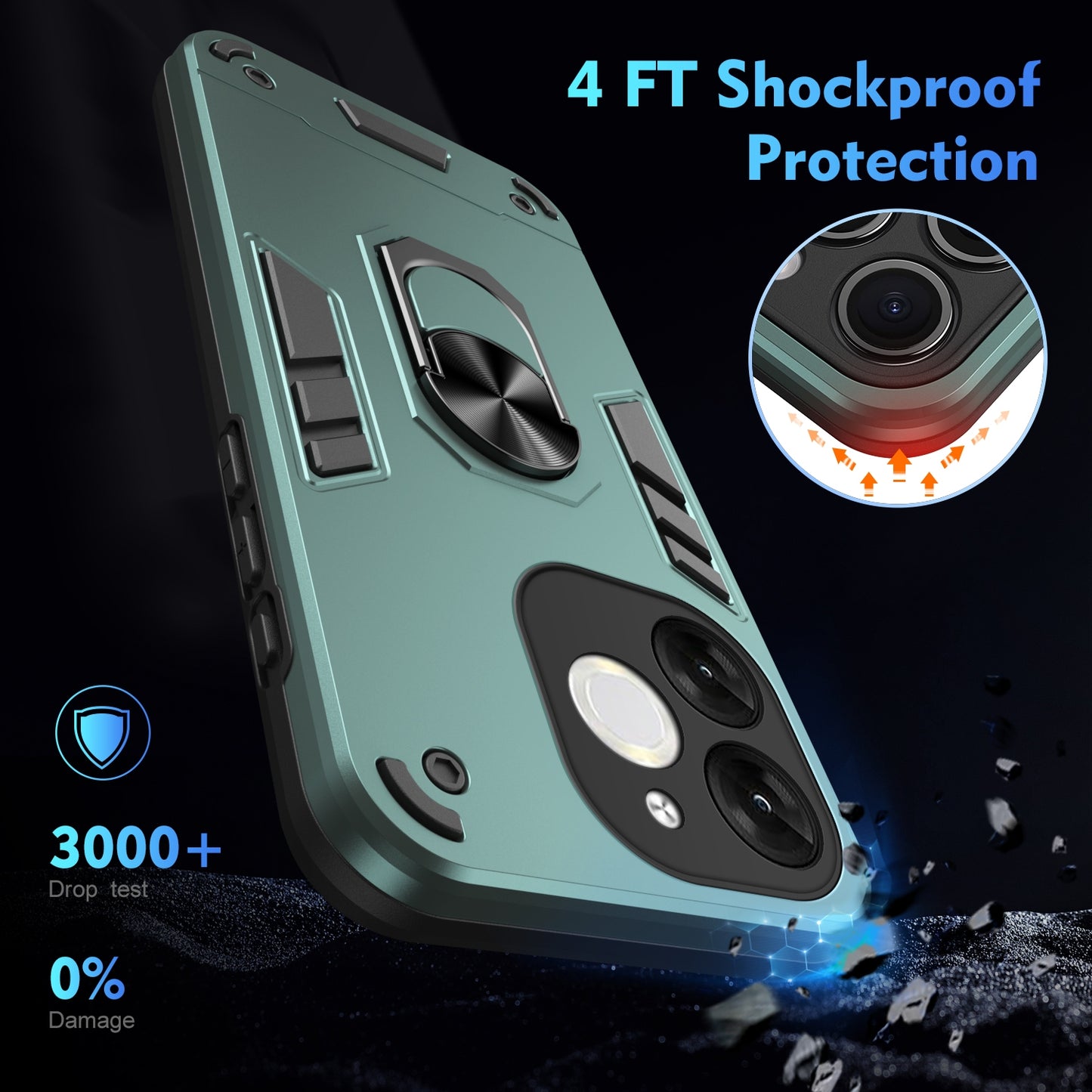 Shockproof Itel A80 Phone Case with 360° Rotatable Metal Ring Holder, Magnetic Car Mount Stand, Ultra-Thin PC & Silicone Protection Cover