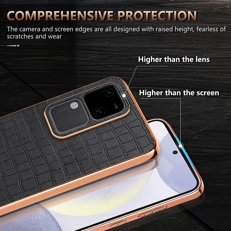 vivo S18/S18 Pro Luxury Case - Electroplated Frame, Crocodile Texture Leather, Full Coverage Protection, Anti-Fingerprint & Shockproof