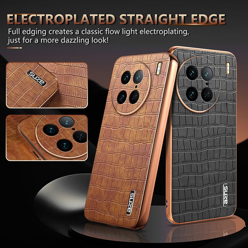 vivo X90 Pro Luxury Case - Electroplated Frame, Crocodile Texture Leather, Full Coverage Protection, Anti-Fingerprint & Shockproof