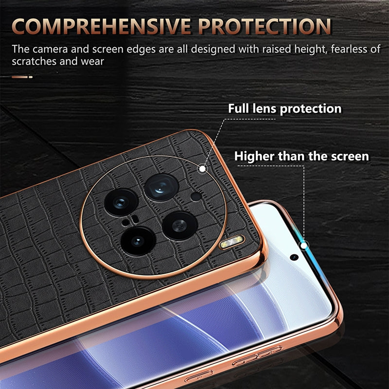 vivo X200 Pro Luxury Case - Electroplated Frame, Crocodile Texture Leather, Full Coverage Protection, Anti-Fingerprint & Shockproof