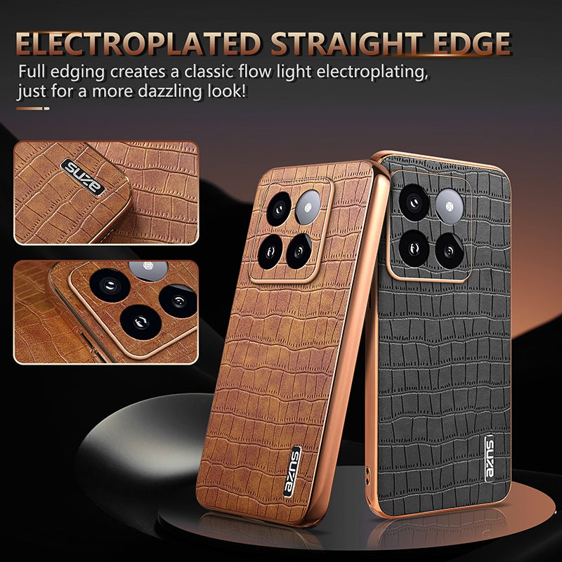 Xiaomi 14 Pro Luxury Case - Electroplated Frame, Crocodile Texture Leather, Full Coverage Protection, Anti-Fingerprint & Shockproof