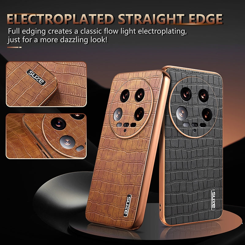 Xiaomi 14 Ultra Luxury Case - Electroplated Frame, Crocodile Texture Leather, Full Coverage Protection, Anti-Fingerprint & Shockproof