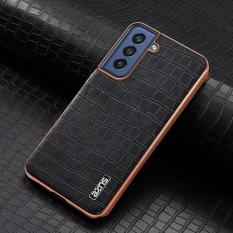 Samsung Galaxy S21 FE 5G Luxury Case - Electroplated Frame, Crocodile Texture Leather, Full Coverage Protection, Anti-Fingerprint & Shockproof