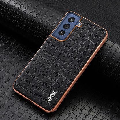 Samsung Galaxy S21 FE 5G Luxury Case - Electroplated Frame, Crocodile Texture Leather, Full Coverage Protection, Anti-Fingerprint & Shockproof