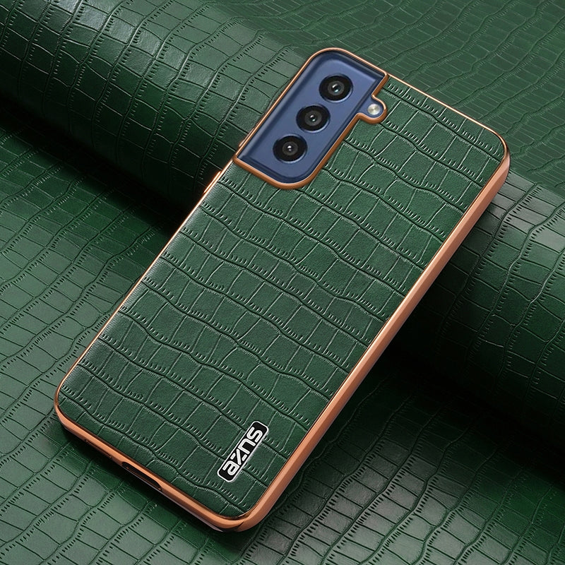 Samsung Galaxy S21 FE 5G Luxury Case - Electroplated Frame, Crocodile Texture Leather, Full Coverage Protection, Anti-Fingerprint & Shockproof