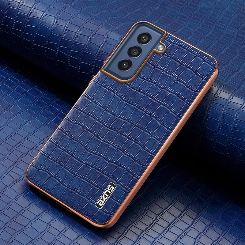 Samsung Galaxy S21 FE 5G Luxury Case - Electroplated Frame, Crocodile Texture Leather, Full Coverage Protection, Anti-Fingerprint & Shockproof