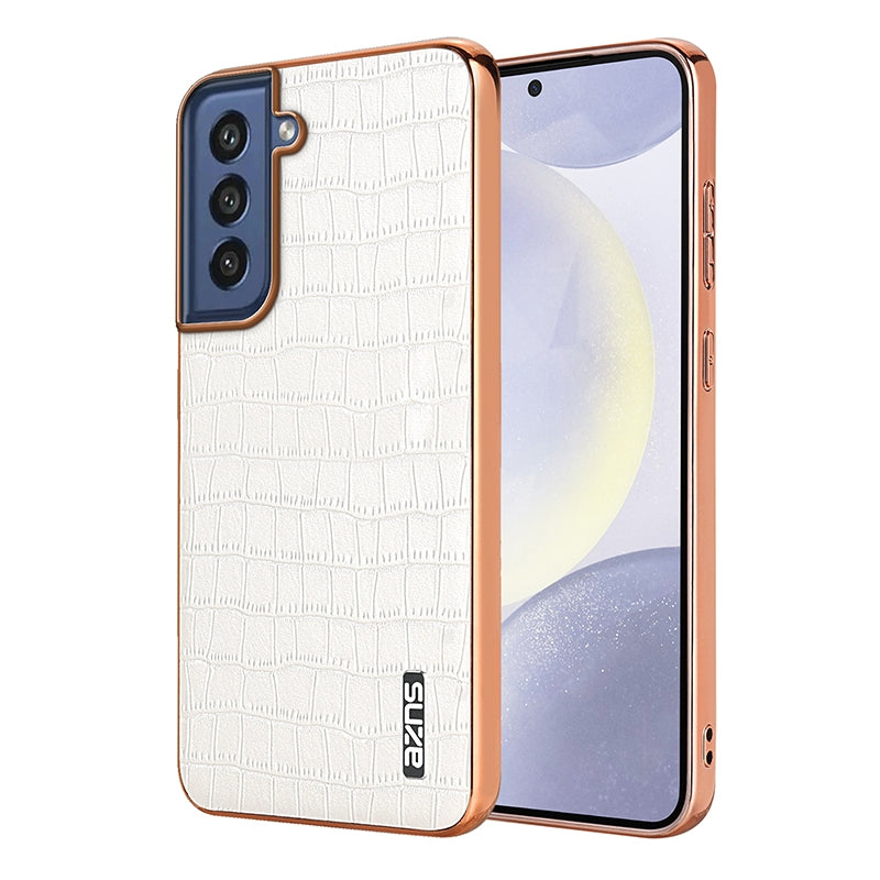 Samsung Galaxy S21 FE 5G Luxury Case - Electroplated Frame, Crocodile Texture Leather, Full Coverage Protection, Anti-Fingerprint & Shockproof