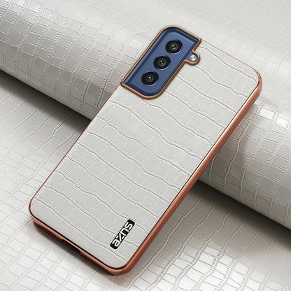 Samsung Galaxy S21 FE 5G Luxury Case - Electroplated Frame, Crocodile Texture Leather, Full Coverage Protection, Anti-Fingerprint & Shockproof