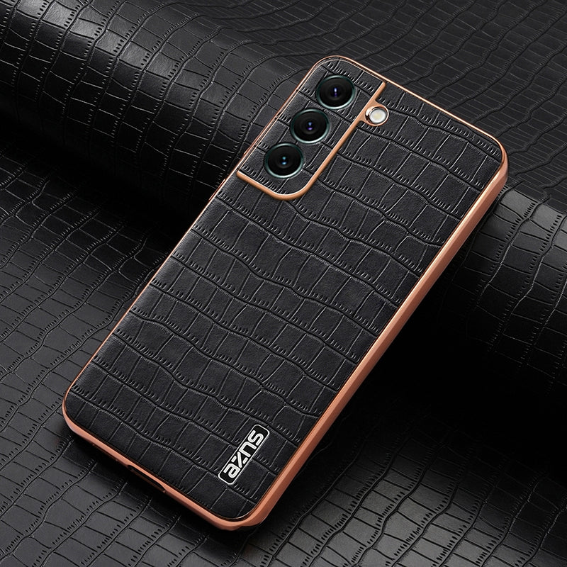 Samsung Galaxy S22 5G Luxury Case - Electroplated Frame, Crocodile Texture Leather, Full Coverage Protection, Anti-Fingerprint & Shockproof