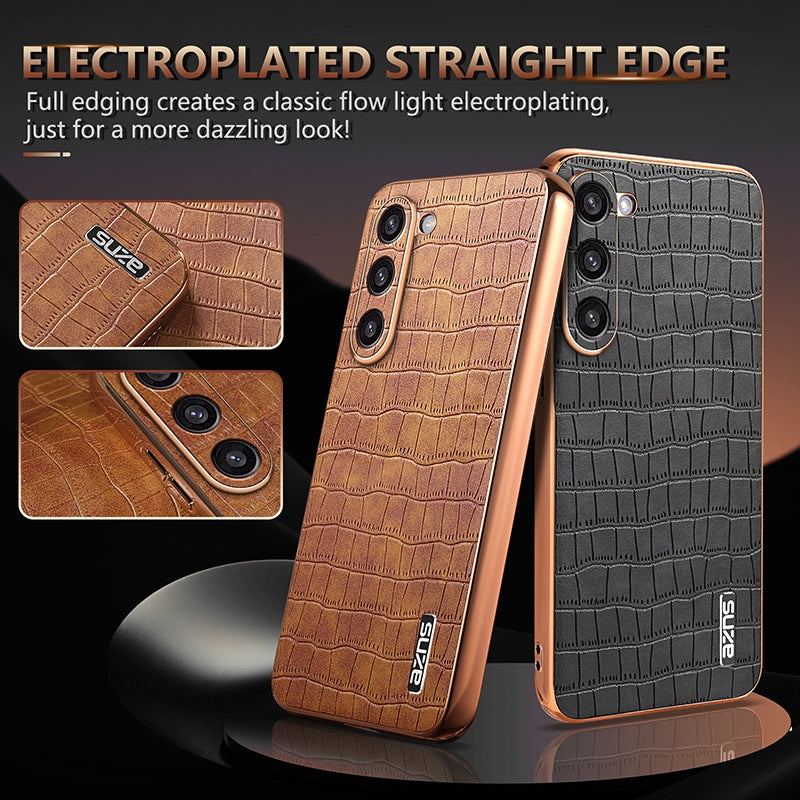 Samsung Galaxy S23+ 5G Luxury Case - Electroplated Frame, Crocodile Texture Leather, Full Coverage Protection, Anti-Fingerprint & Shockproof