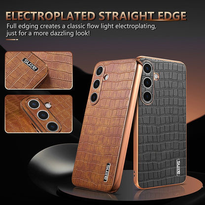 Samsung Galaxy S25 5G Luxury Case - Electroplated Frame, Crocodile Texture Leather, Full Coverage Protection, Anti-Fingerprint & Shockproof