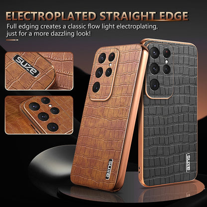 Samsung Galaxy S25 Ultra 5G Luxury Case - Electroplated Frame, Crocodile Texture Leather, Full Coverage Protection, Anti-Fingerprint & Shockproof