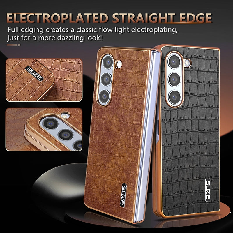 Samsung Galaxy Z Fold5 Luxury Case - Electroplated Frame, Crocodile Texture Leather, Full Coverage Protection, Anti-Fingerprint & Shockproof
