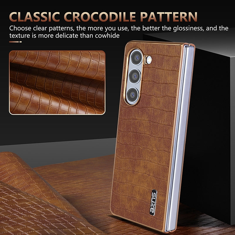 Samsung Galaxy Z Fold5 Luxury Case - Electroplated Frame, Crocodile Texture Leather, Full Coverage Protection, Anti-Fingerprint & Shockproof