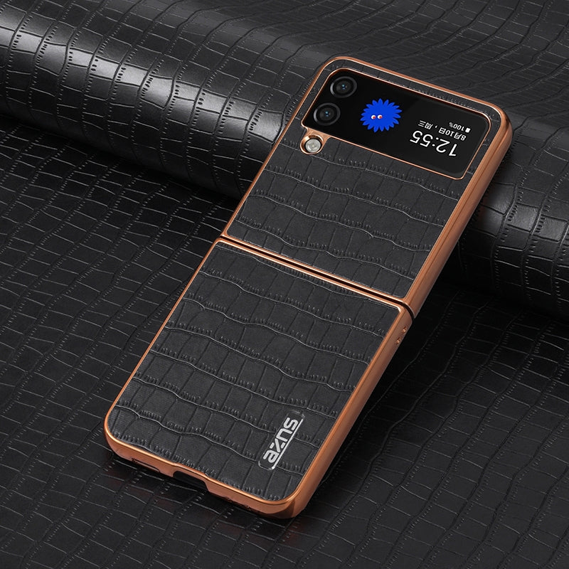 Samsung Galaxy Z Flip4 5G Luxury Case - Electroplated Frame, Crocodile Texture Leather, Full Coverage Protection, Anti-Fingerprint & Shockproof