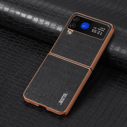 Samsung Galaxy Z Flip4 5G Luxury Case - Electroplated Frame, Crocodile Texture Leather, Full Coverage Protection, Anti-Fingerprint & Shockproof