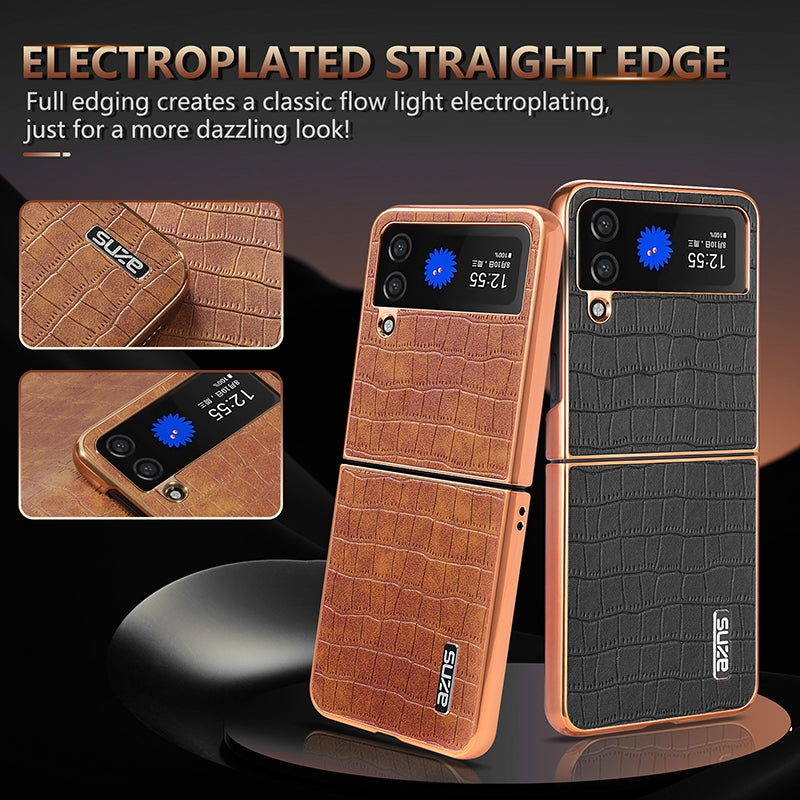 Samsung Galaxy Z Flip4 5G Luxury Case - Electroplated Frame, Crocodile Texture Leather, Full Coverage Protection, Anti-Fingerprint & Shockproof