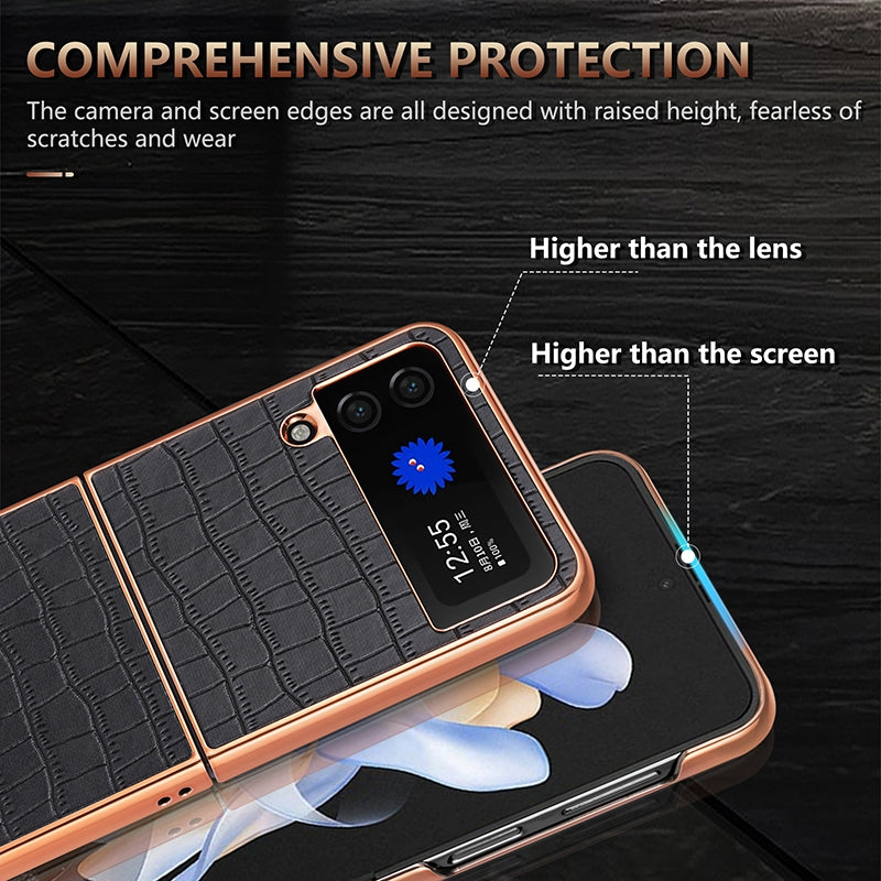 Samsung Galaxy Z Flip4 5G Luxury Case - Electroplated Frame, Crocodile Texture Leather, Full Coverage Protection, Anti-Fingerprint & Shockproof
