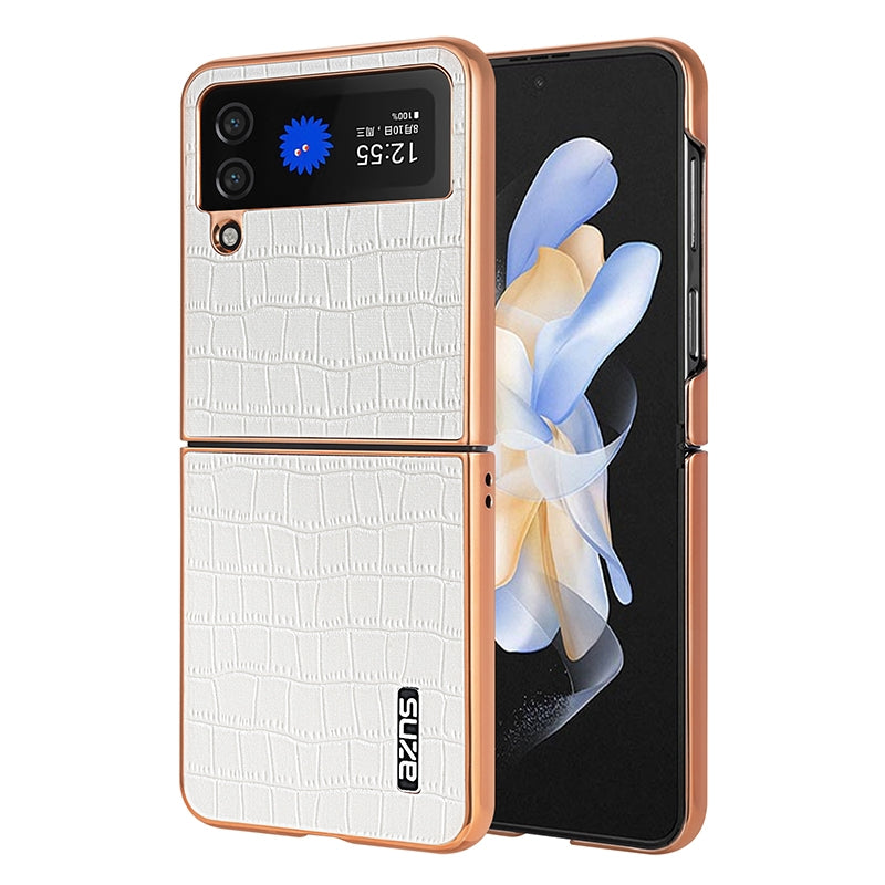 Samsung Galaxy Z Flip4 5G Luxury Case - Electroplated Frame, Crocodile Texture Leather, Full Coverage Protection, Anti-Fingerprint & Shockproof