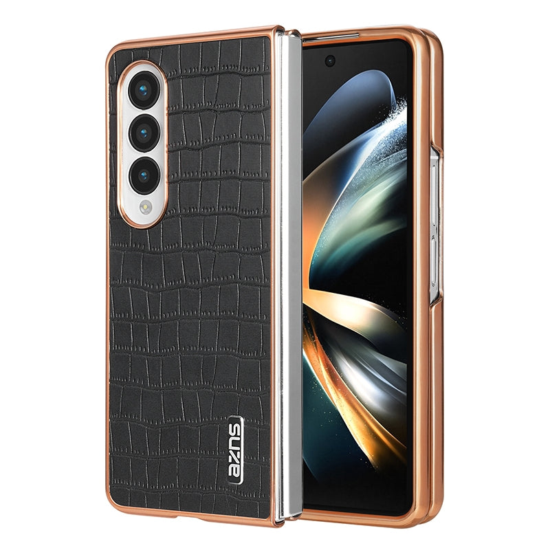 Samsung Galaxy Z Fold4 5G Luxury Case - Electroplated Frame, Crocodile Texture Leather, Full Coverage Protection, Anti-Fingerprint & Shockproof