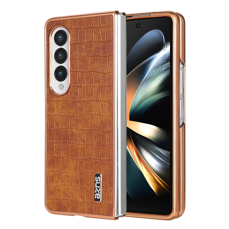 Samsung Galaxy Z Fold4 5G Luxury Case - Electroplated Frame, Crocodile Texture Leather, Full Coverage Protection, Anti-Fingerprint & Shockproof