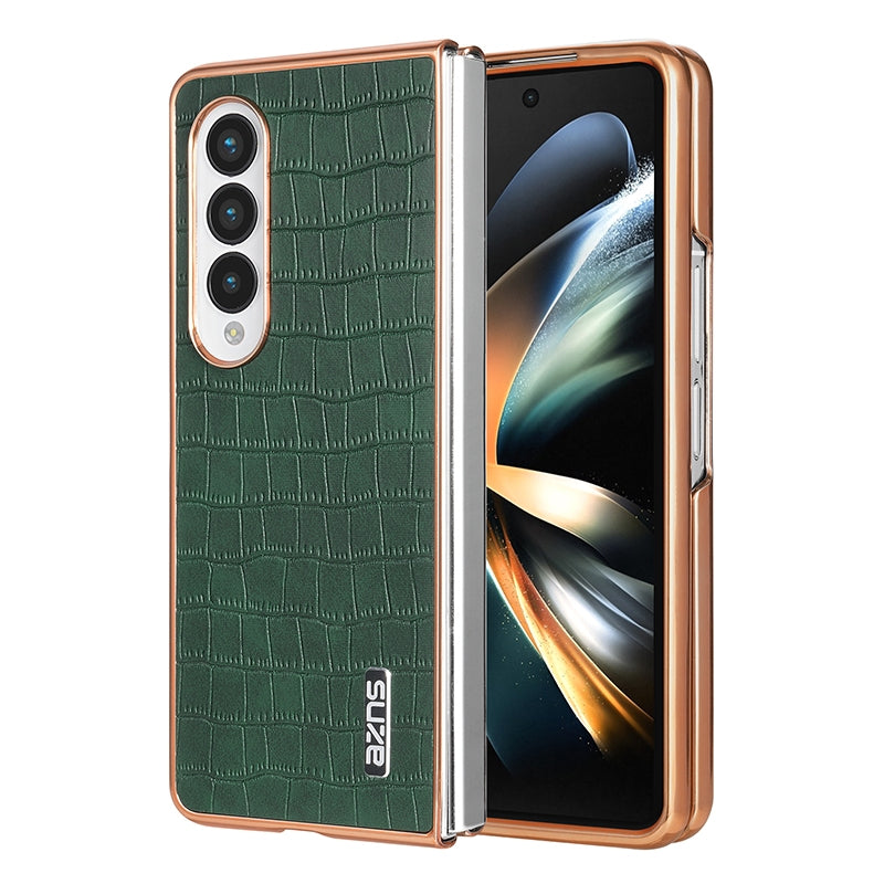 Samsung Galaxy Z Fold4 5G Luxury Case - Electroplated Frame, Crocodile Texture Leather, Full Coverage Protection, Anti-Fingerprint & Shockproof