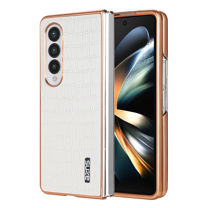 Samsung Galaxy Z Fold4 5G Luxury Case - Electroplated Frame, Crocodile Texture Leather, Full Coverage Protection, Anti-Fingerprint & Shockproof