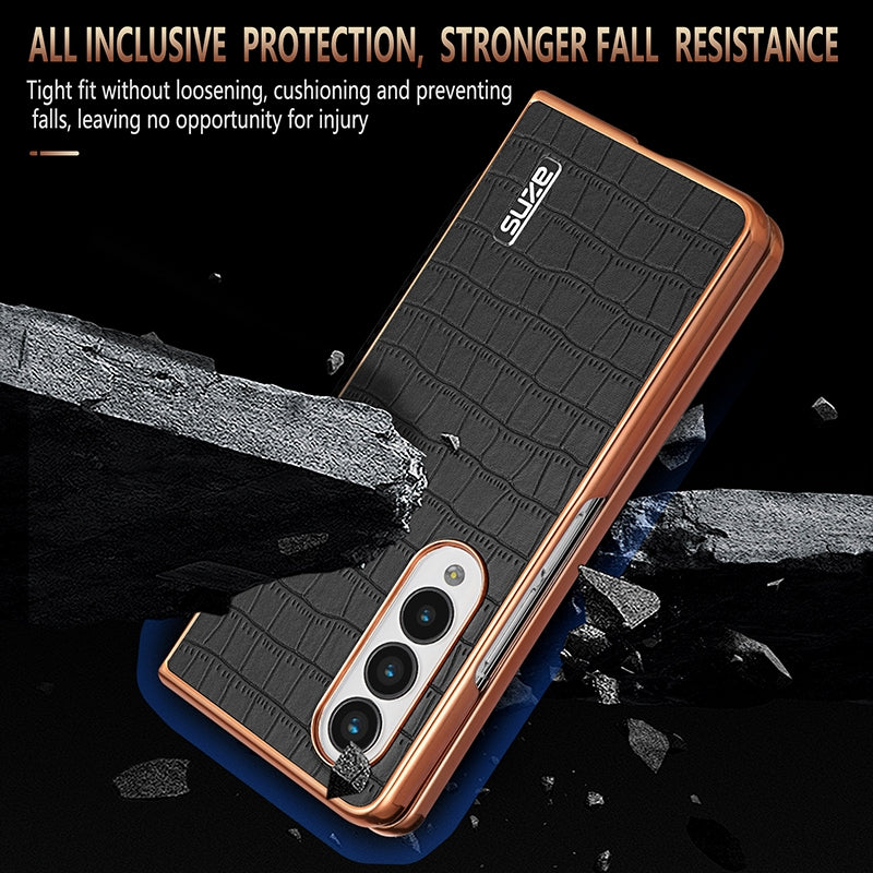 Samsung Galaxy Z Fold3 5G Luxury Case - Electroplated Frame, Crocodile Texture Leather, Full Coverage Protection, Anti-Fingerprint & Shockproof