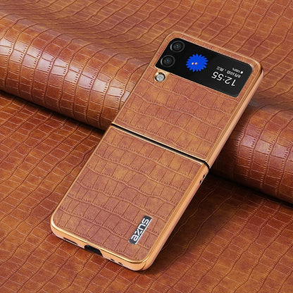 Samsung Galaxy Z Flip3 5G Luxury Case - Electroplated Frame, Crocodile Texture Leather, Full Coverage Protection, Anti-Fingerprint & Shockproof