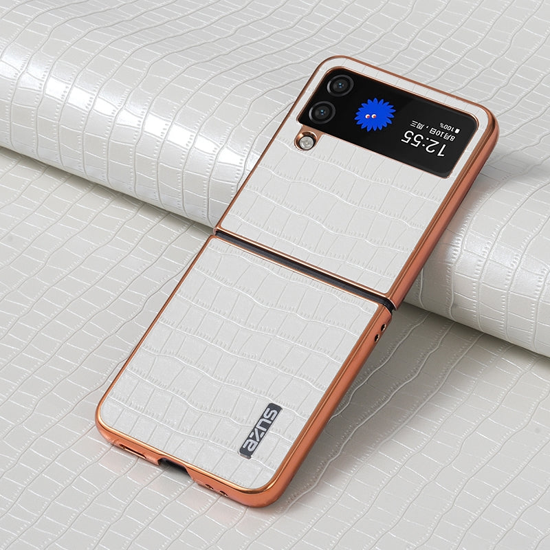 Samsung Galaxy Z Flip3 5G Luxury Case - Electroplated Frame, Crocodile Texture Leather, Full Coverage Protection, Anti-Fingerprint & Shockproof