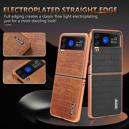Samsung Galaxy Z Flip3 5G Luxury Case - Electroplated Frame, Crocodile Texture Leather, Full Coverage Protection, Anti-Fingerprint & Shockproof