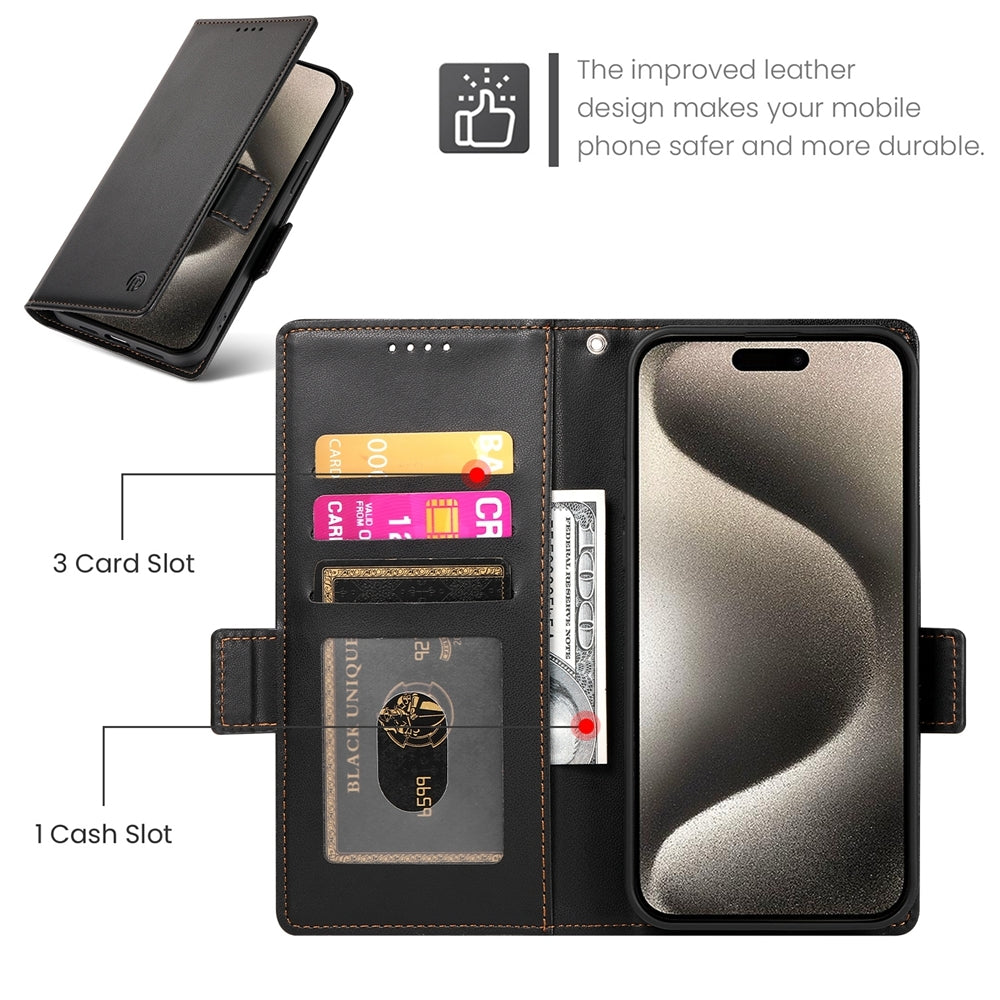 iPhone 15 Pro Magnetic Leather Wallet Case with Card Slots, Stand Function & Full Protection