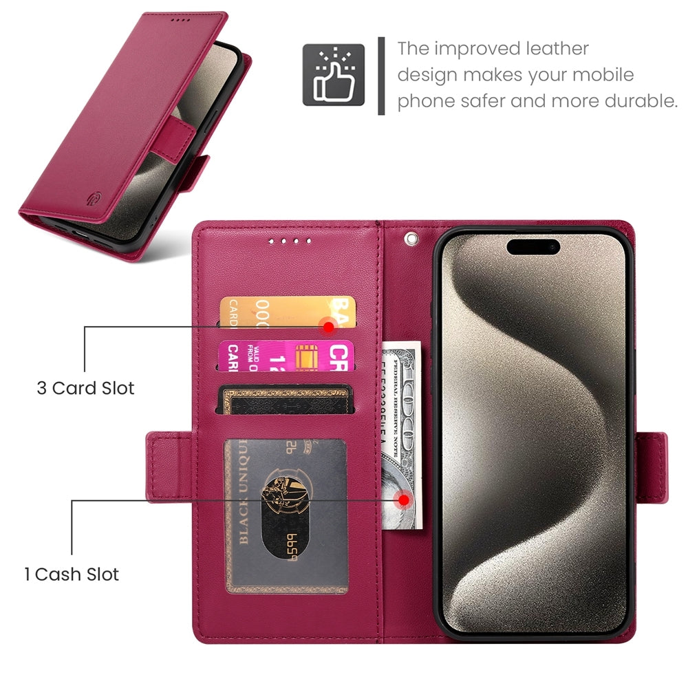 iPhone 15 Pro Magnetic Leather Wallet Case with Card Slots, Stand Function & Full Protection