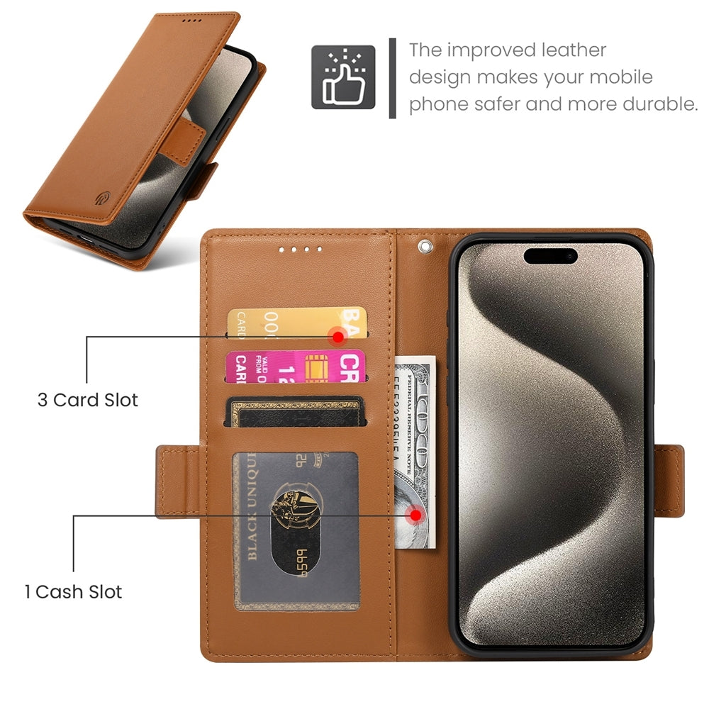 iPhone 15 Pro Magnetic Leather Wallet Case with Card Slots, Stand Function & Full Protection